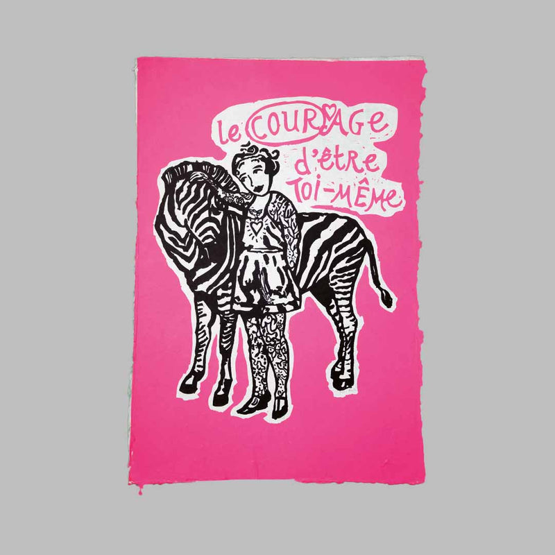 Le courage in hot pink and black | Linoprint