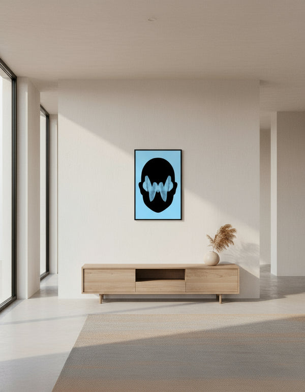 Black silhouette of a face with a blue background