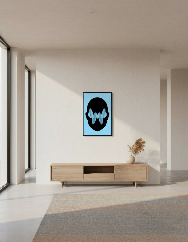 Black silhouette of a face with a blue background