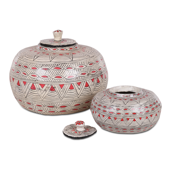 Red and white paper mache storage jar.