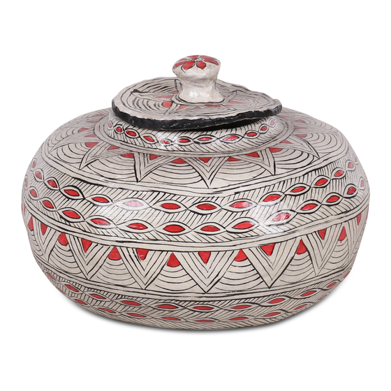 Red and white paper mache storage jar.