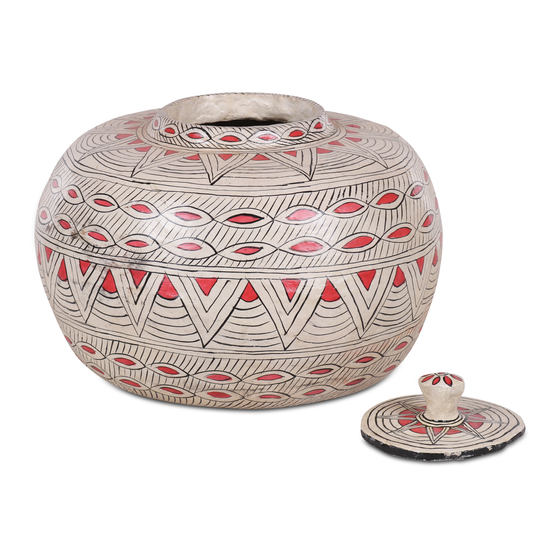 Red and white paper mache storage jar.