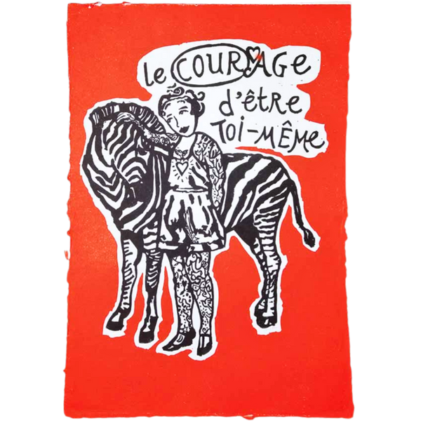 Le courage d'etre toi-même in orange/black | Linoprint