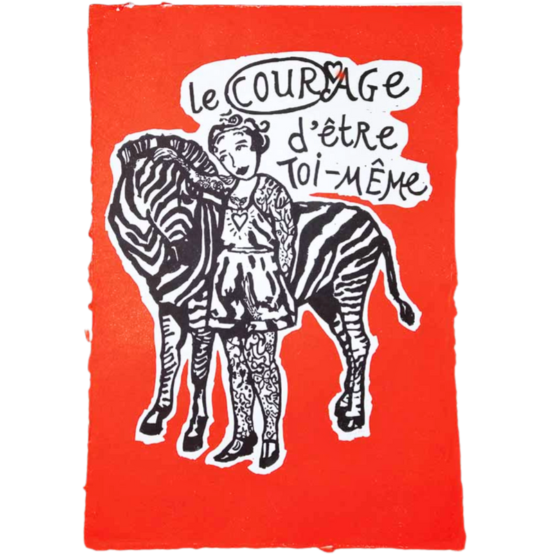 L'courage d'etre toi-même in orange/black | Linoprint