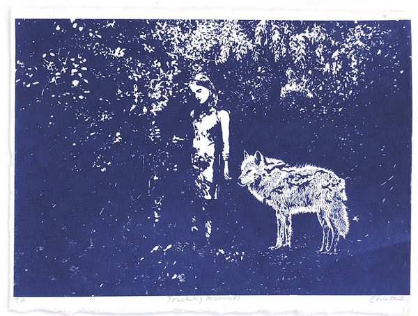 "The girl and the wolf" in blue | Lino print