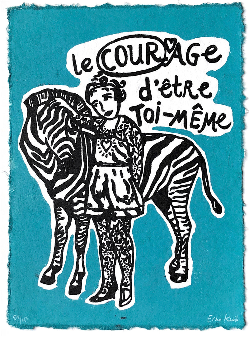 Le courage in blue and black | Linoprint