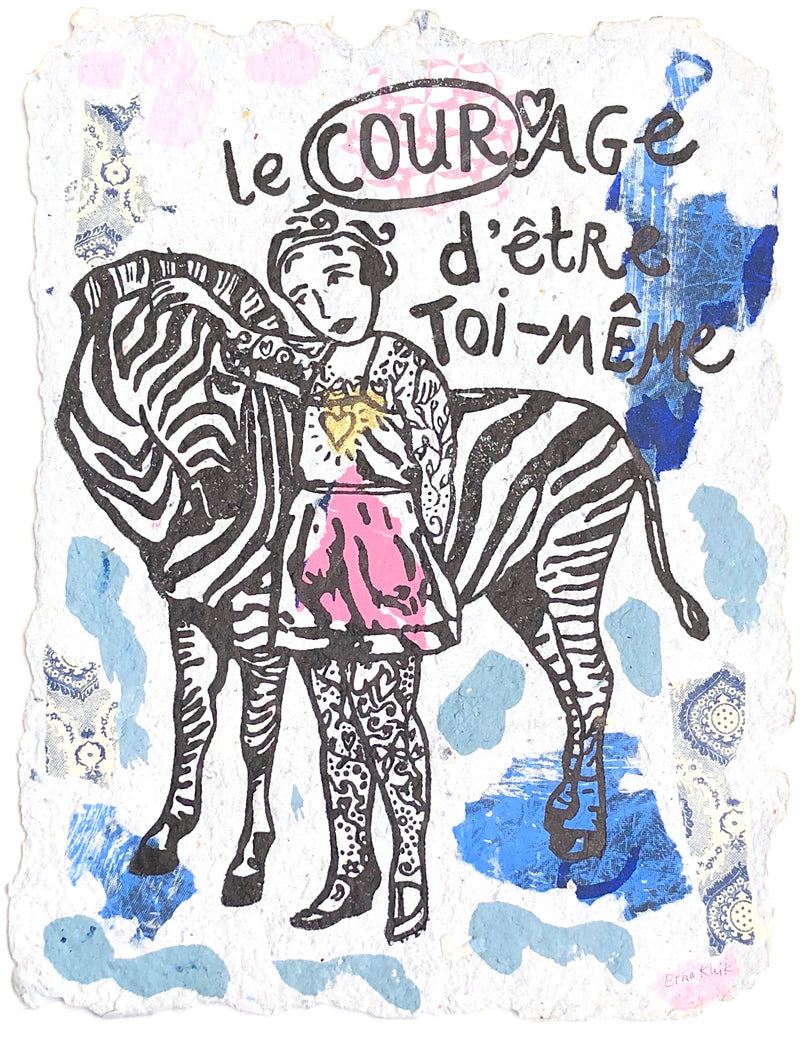 L'courage d'être toi-même in multicolour | Linoprint on handmade paper